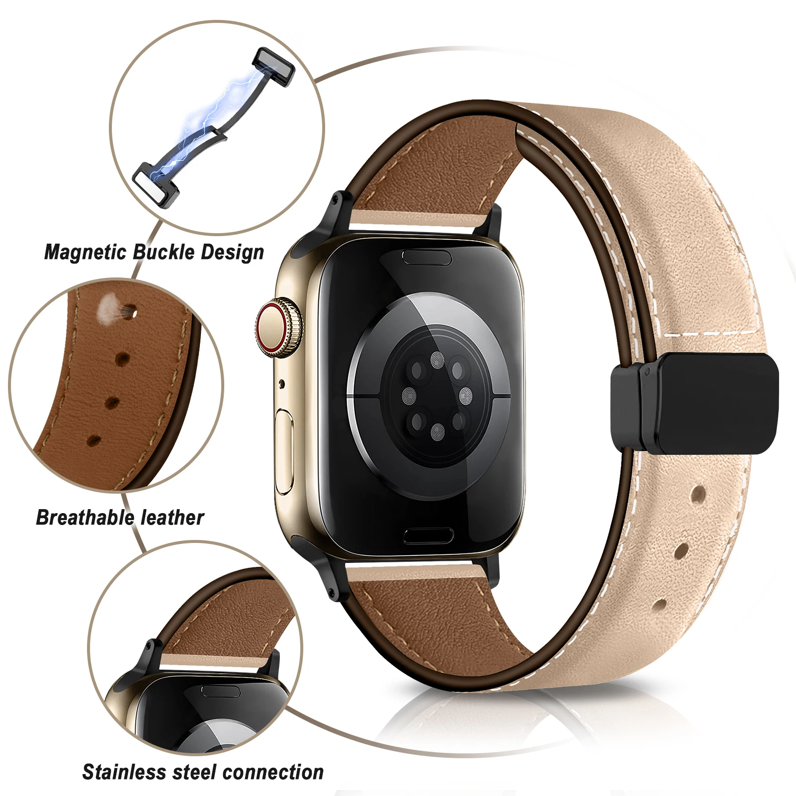 Magnetic Buckle strap for Apple Watch band 44mm 45mm 49mm 40mm 41mm 38mm 45 mm Leather Bracelet iWatch Series ultra 3 5 6 se 7 8