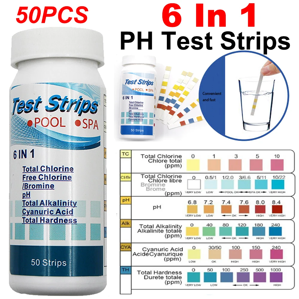 Test Strips For Aquarium Fish Tank Swimming Pool Spa Water Quality Chlorine PH Bromine Measure Paper 6 in 1 50pcs water quality test kit