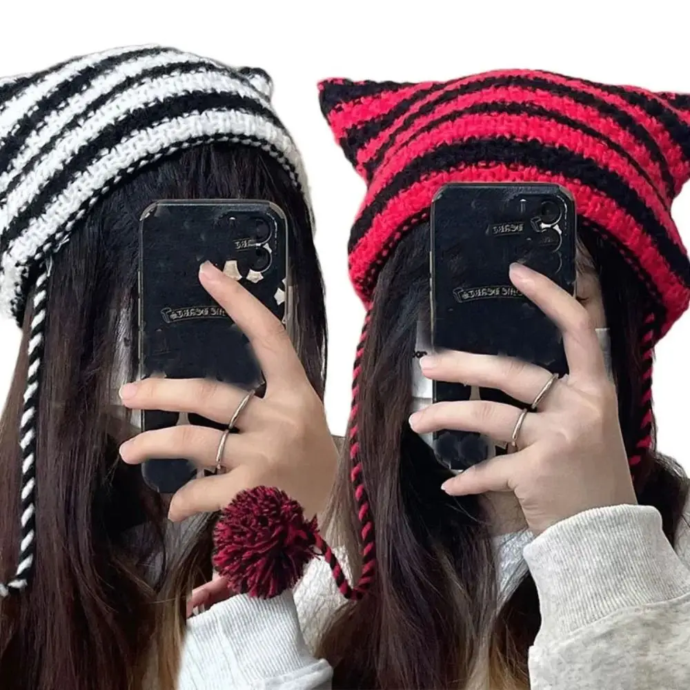 

Cute Knitting Striped Beanie Hat Gift Wool Y2K Cat Ears Pointed Pullover Hats Hanging Ball Knitted Beanie Hat Women