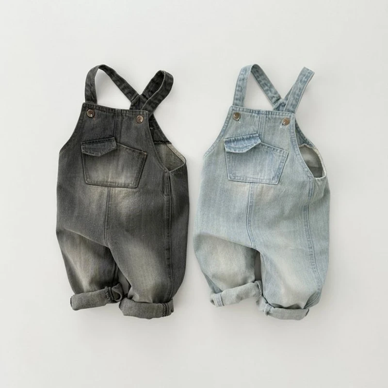 Spring Autumn Children's Wear Strap Pants Children's Solid Denim Pants Infant Jumpsuit Clothing Boy Girls Kids Overalls 2-6T