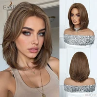 EASIHAIR – perruques synthétiques courtes et lisses pour femmes, perruques naturelles lisses brunes avec frange à huit caractères, Cosplay quotidien 1