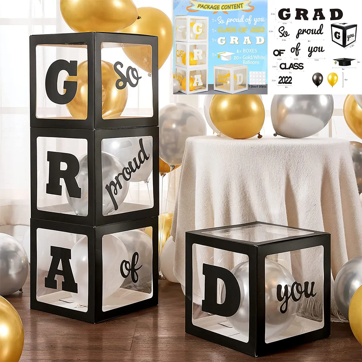 

2022 Graduation Party Decorations Balloon Boxes 4pcs Reusable and Foldable Balloon Boxes with 12 Paper Cards and 24 Balloons