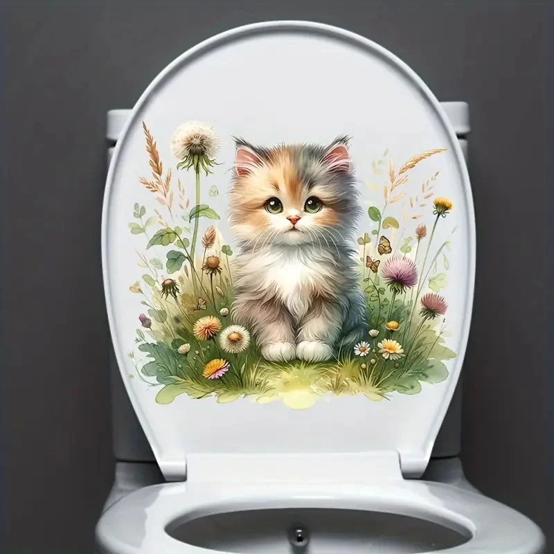 Toilet Stickers Kitten in the Flowers Decoration Living Room Bedroom Home Decor Flowers Wall Decals Self-Adhesive