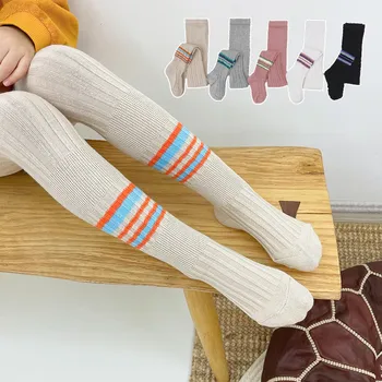 여아용 레인보우 줄무늬 코튼 스타킹, 어린이 스타킹, 단색 2022, 봄, 가을