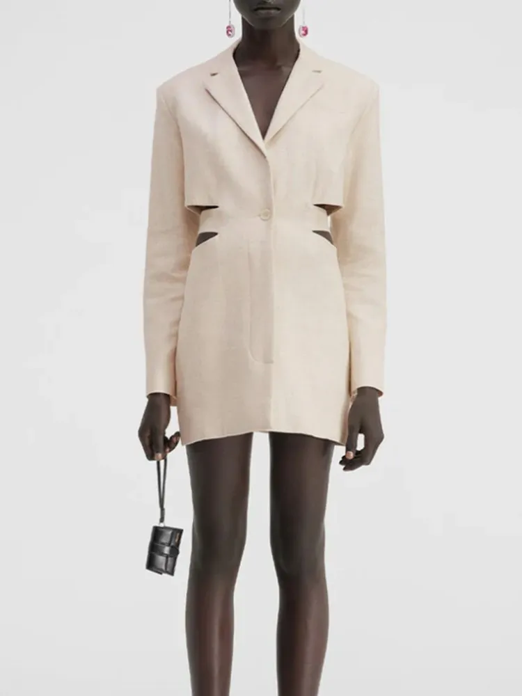 KBQ Hollow Out Slimming Elegant Blazer For Women Notched Collar Long Sleeve Spliced Button Solid Blazers Female Fashion Clothes