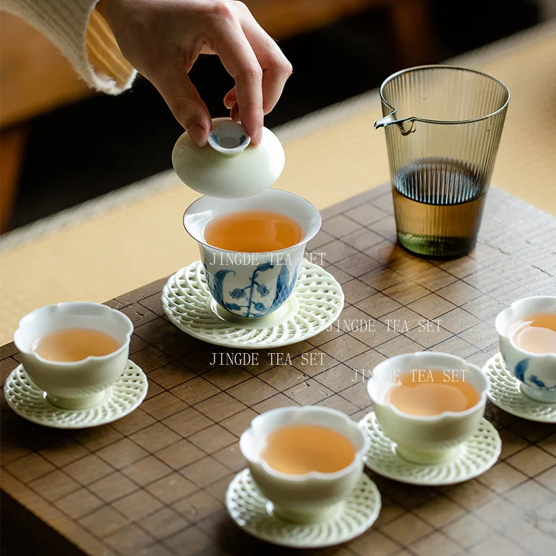 Jingdezhen Ceramic Bowl Cover Round Tea Bowl Chinese Bell Orchid Tea Maker Underglaze Colour White Gaiwan