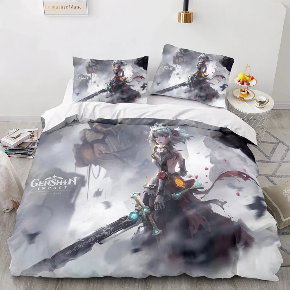 thumbnail image 1 of Juego de cama con edredón Genshin Impact, funda de edredón, funda de almohada, juegos de 2 o 3 piezas, tamaño para niños y adultos, 1 of 5