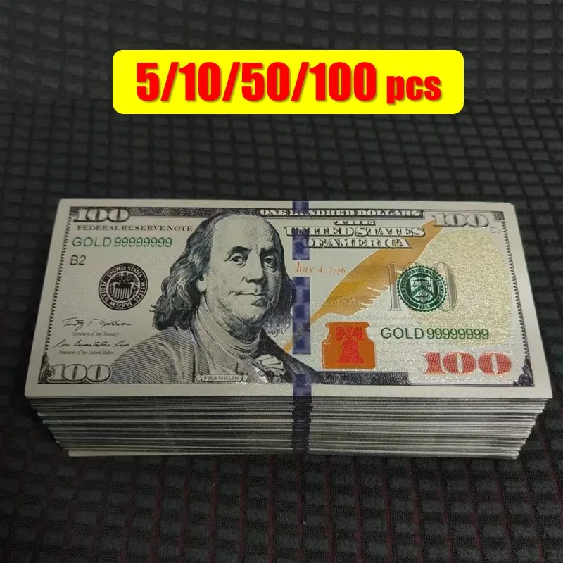 5~100pcs US 100 Dollar Bills 100 Dollars Silver Plated Banknote Fake Dollars Currency Souvenir for Commemorative Banknotes Gold Plated Banknote Fake Money Prop Toy