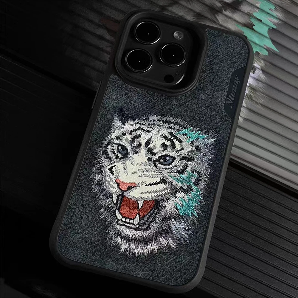 3D Embroidered Cute Wolf Tiger eagle lionr Leather Phone Case For iPhone 15  Pro Max Case Protective Cover For iPhone 15 Pro Case