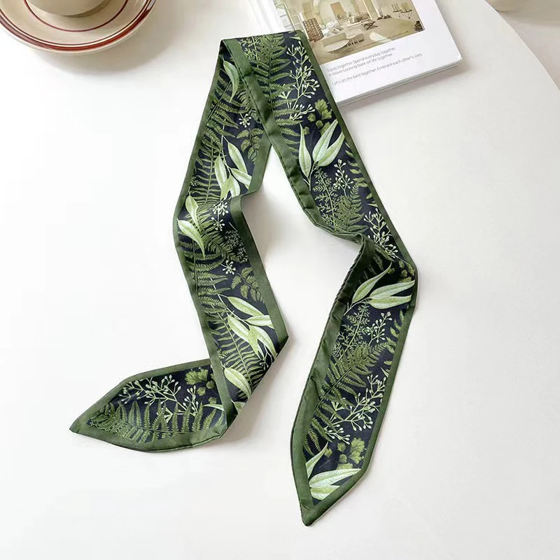 Frau dünner Seidenschal 90 cm * 4 cm langes Haarstreifen Seidenband grüne Blätter kleine Halstücher Taschengriff Band Kopftuch Dame Krawatte – Detail 8