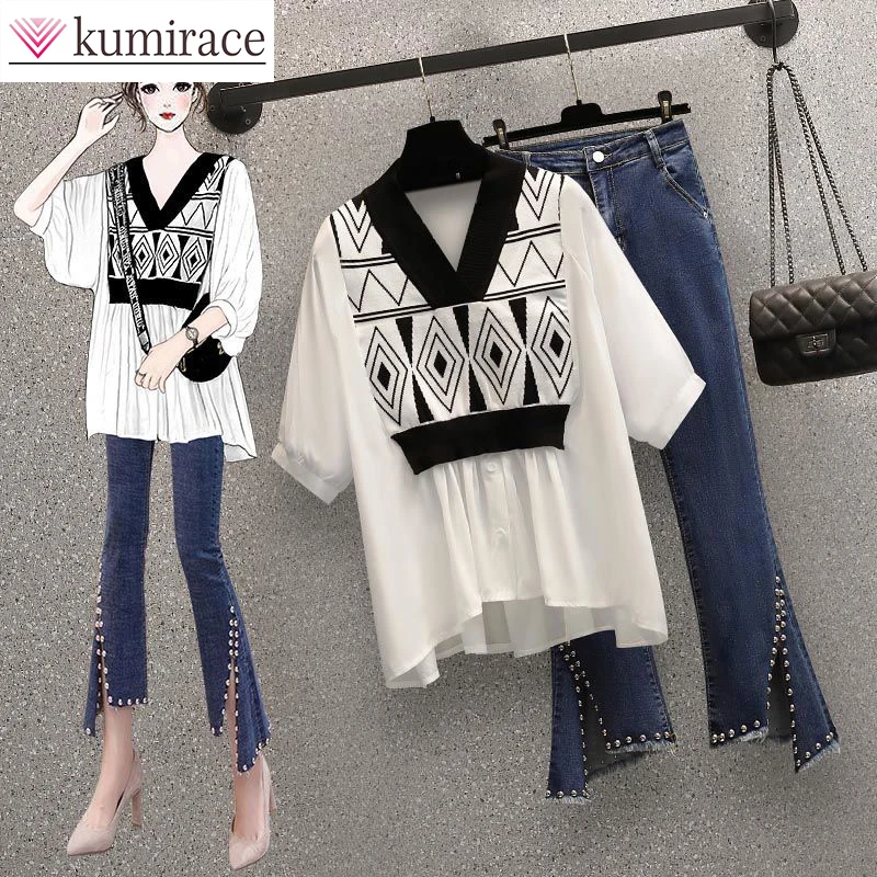 2023 Spring and Summer Korean Version New Large Women's Fake Two-piece Shirt Fashion Jeans Two-piece Set Y2k Two Piece Set Pants winter thickened down padded jacket women s fashion leisure fake two piece rhombus jacket korean version loose padded jacket