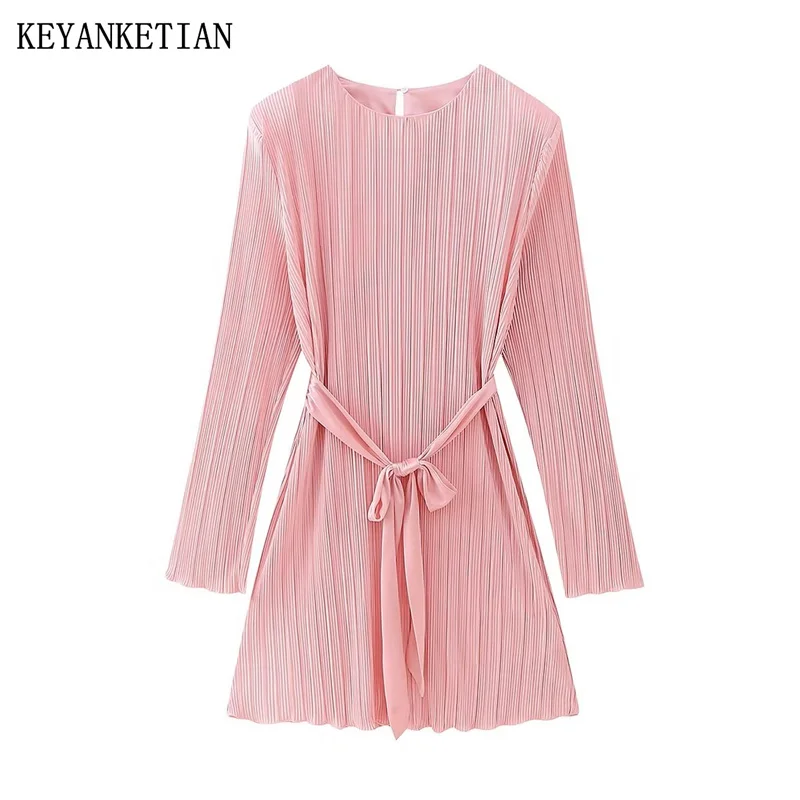 

KEYANKETIAN Autumn New Women's Little Pleated Dress With Belt O-Neck Long Sleeve Female Slim Sweet Elegant Pink Mini Dress