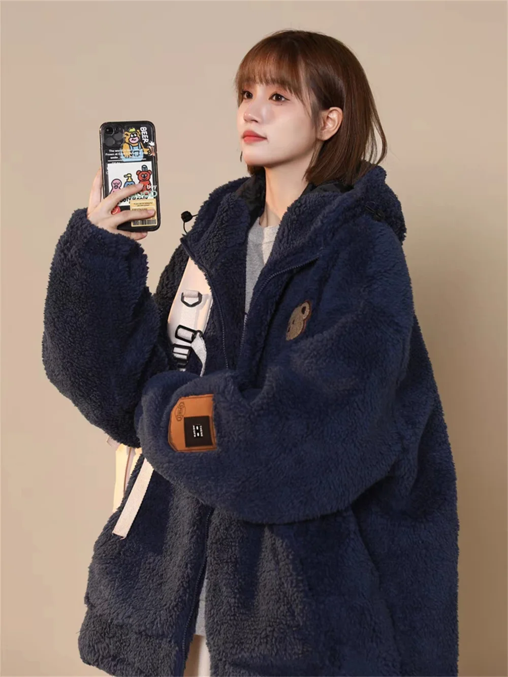Student Lamb Wool Cotton Coat Women's Winter Lazy Loose and Cute Plush Thickened Plush Hooded Cotton Coat