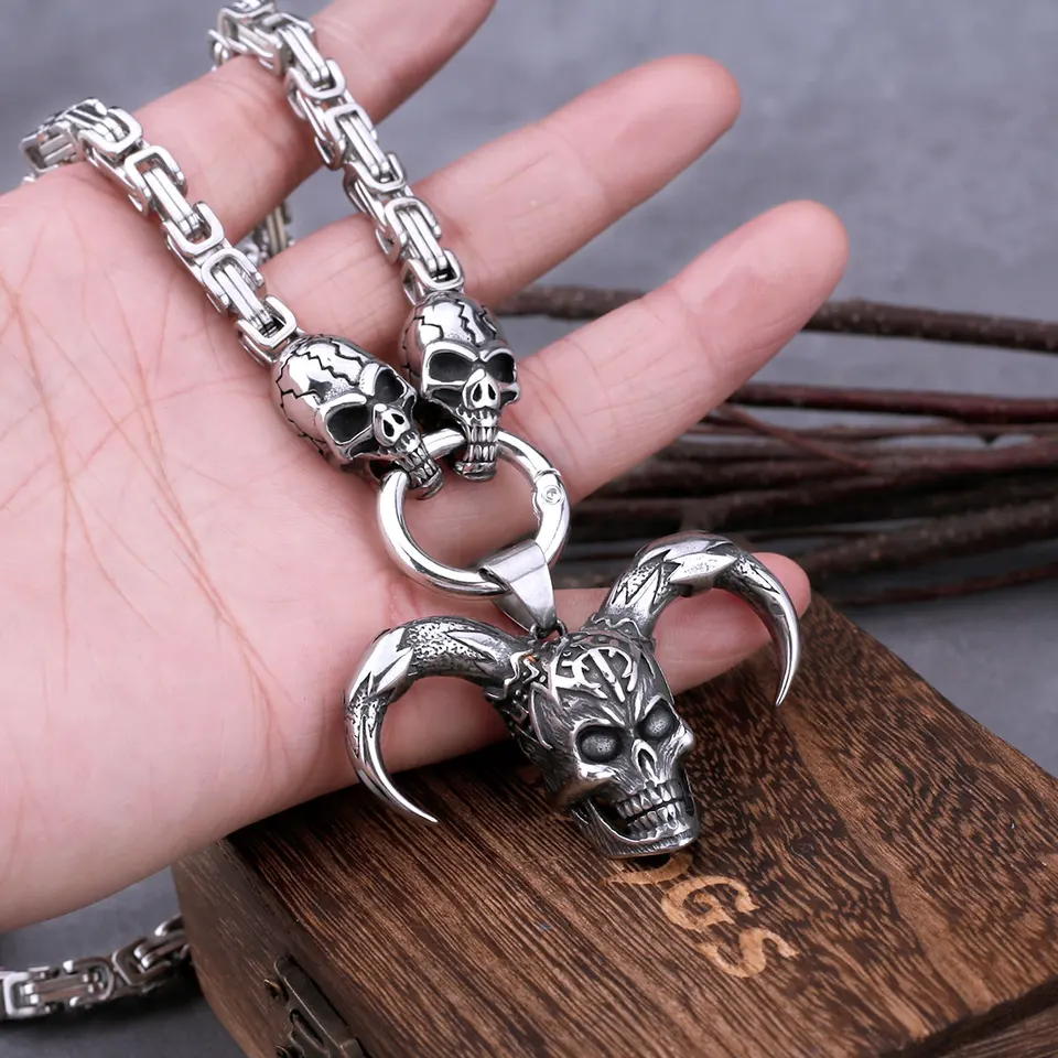Set Collana E Anello Teschio Gotico Punk Rock – Ciondolo Diavolo In Metallo, Gioielli Hip Hop Vintage Per Uomo E Ragazzo - 2