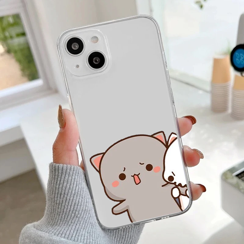Cartoon Peach Mochi Cat Couple Soft Transparent Phone Case