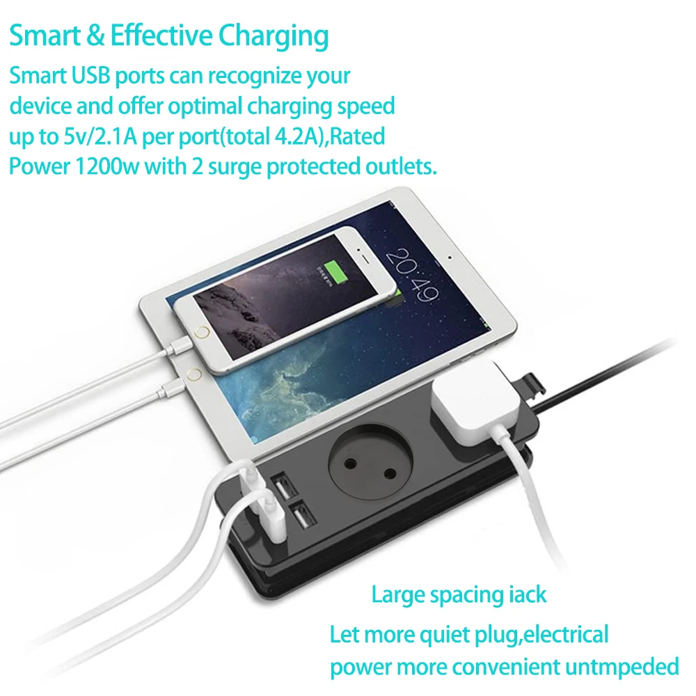 Power Strip EU Plug Portable Extension 4 USB Port Charger 1200W 250V HUB German PD Special Jack