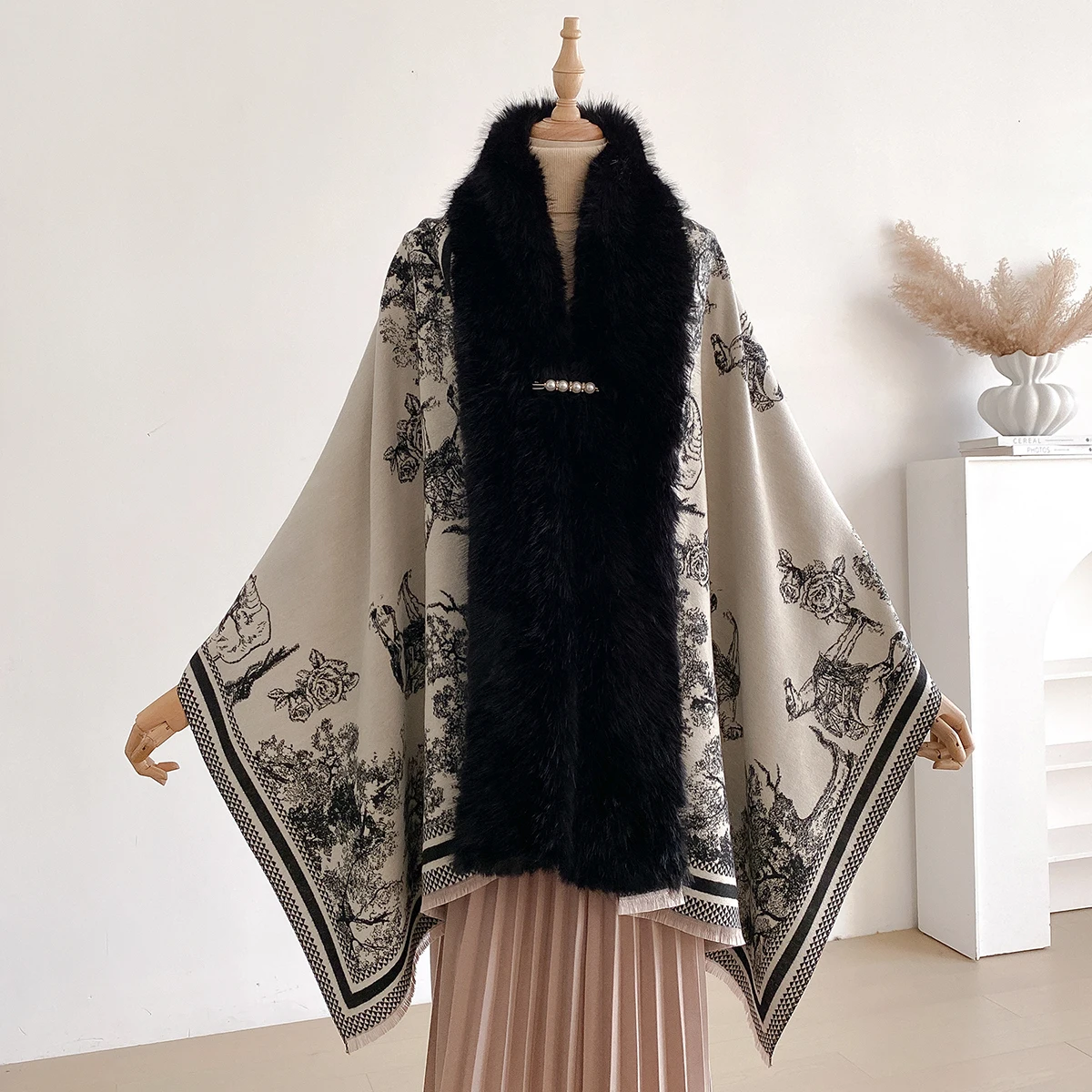 Autumn Winter Fashionable Upscale Imitation Cashmere Women Jacquard Scraves Weave Poncho Lady Capes Shawl Cloaks Faux Fur Scraf
