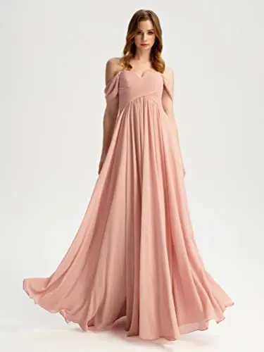 

Women's Off Shoulder Bridesmaid Dresses Chiffon V-Neck Pleated Formal Dress