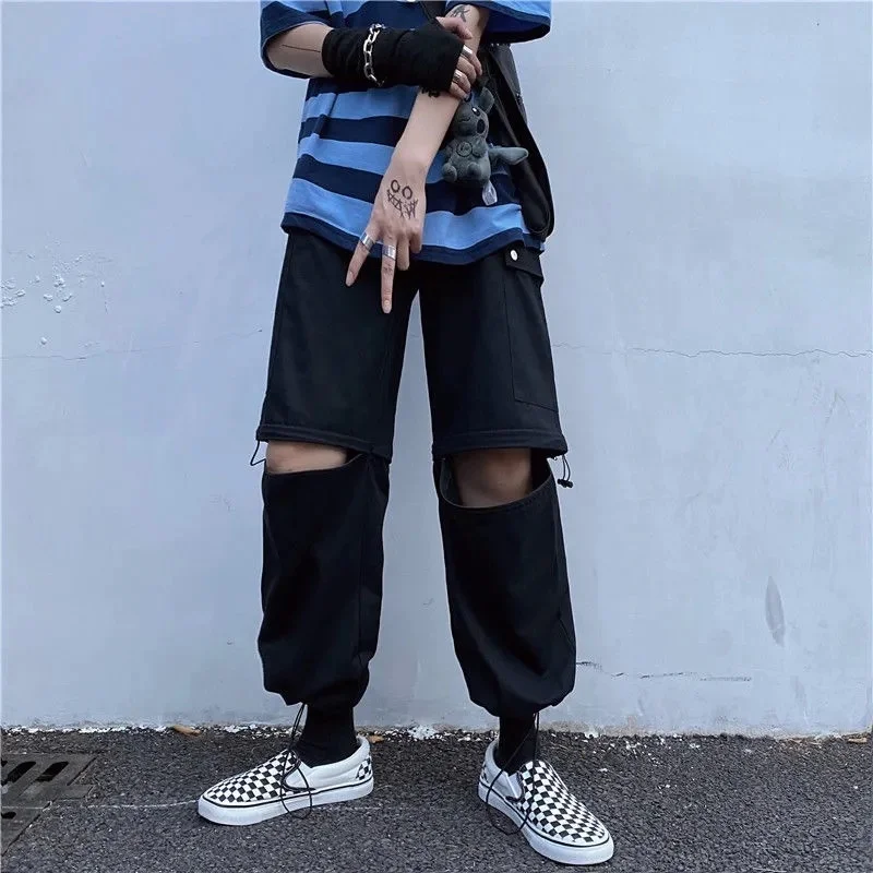 Hole Removable Cargo Pants Pocket Patchwork High Waist Korean Wide Leg Pants Vintage Casual Loose Woman Trousers dickies pants