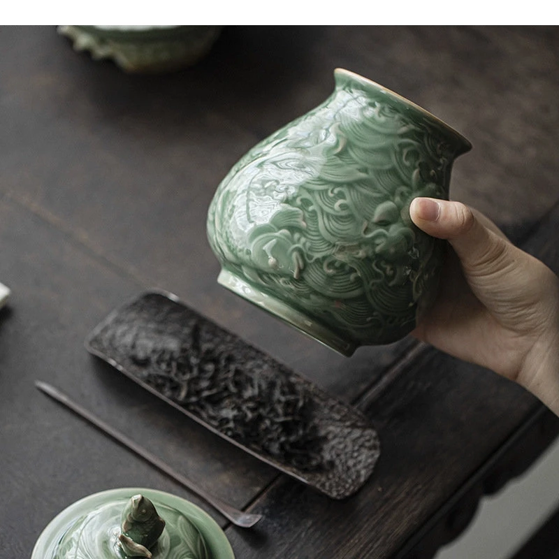 Celadon Relief Ceramic Storage Sealed Pot Kungfu Tea Set Box Chinese Ceremony Accessories