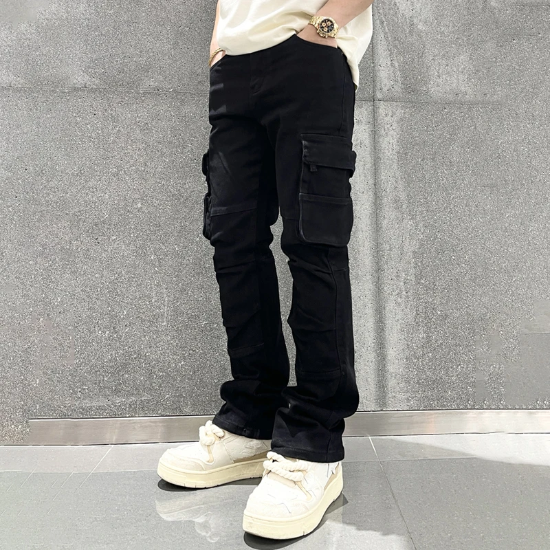 Smart Black Cargo Jeans Men Slim Fitting Straight Baggy Pants Side