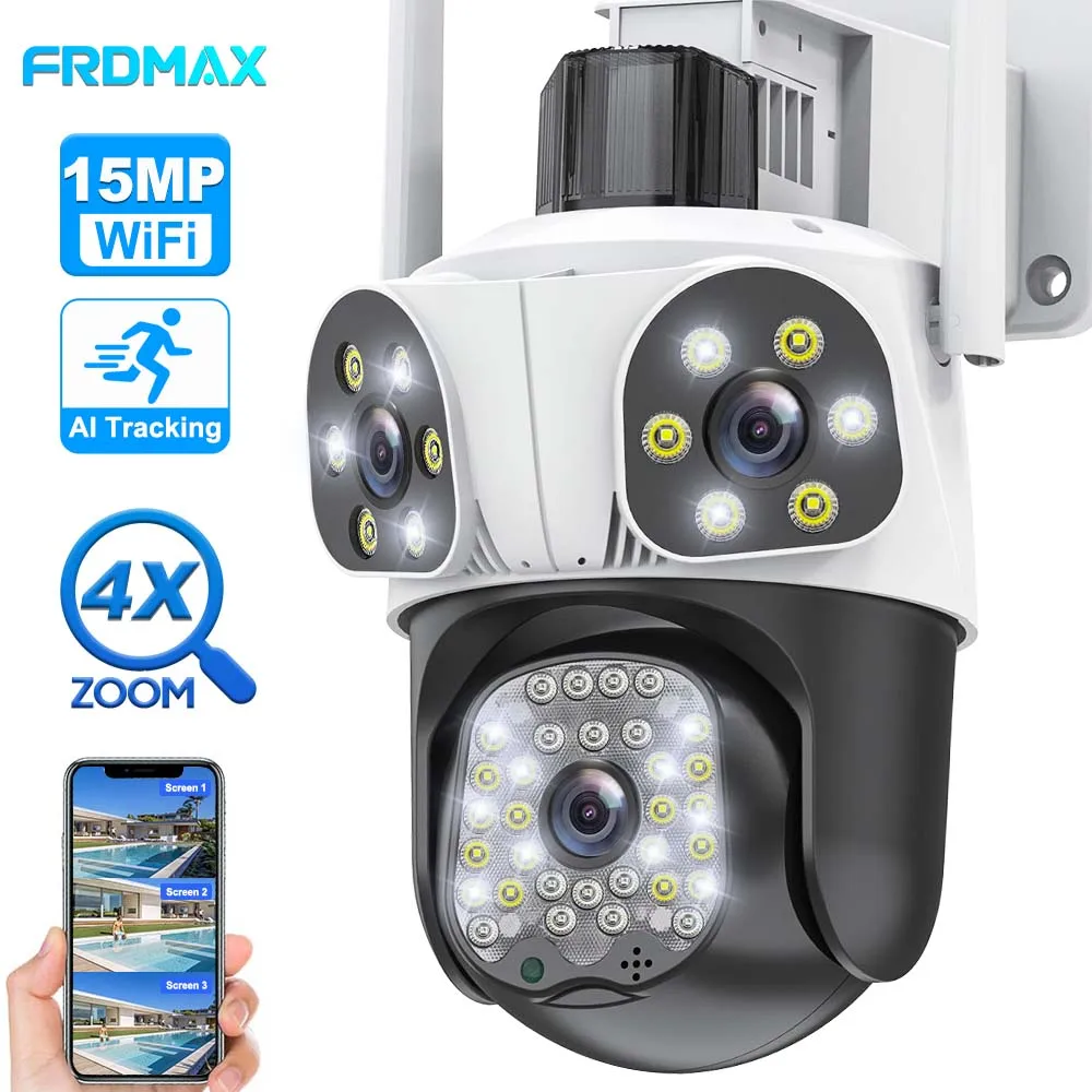 15MP 야외 WiFi 카메라, 3 렌즈, PTZ 무선 보안 카메라, 자동 추적, 스마트 홈 보안 보호, CCTV 카메라, 거리 방수, 감시 카메라