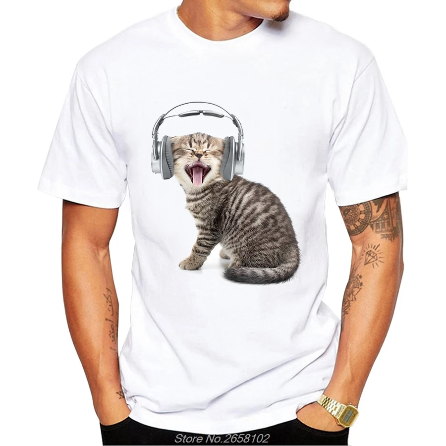 Katze Mit Kopfhörer T-shirt Männer Mode Niedlichen Katzen T Shirt Kurzarm T-shirts lustige T-shirts Tops Harajuku Streetwear – Detail 2