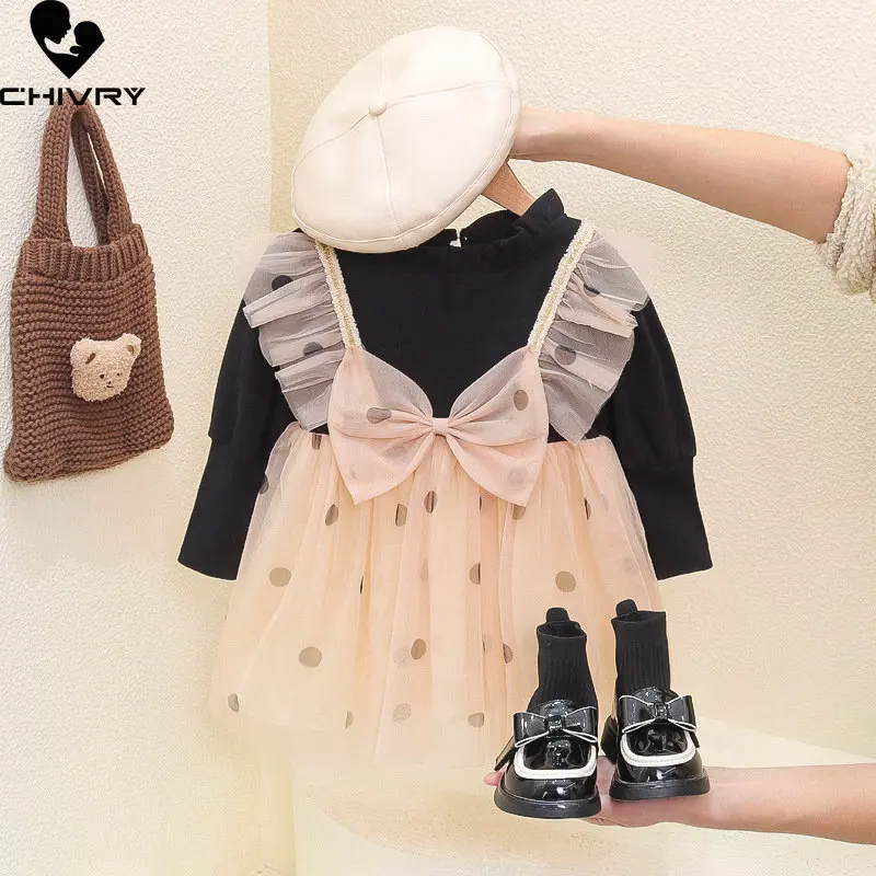

Girls Party Dress New 2023 Spring Summer Baby Girl Cute Dot Bowknot Gauze Long Sleeve Ball Gown Dresses Kids Fashion Clothes
