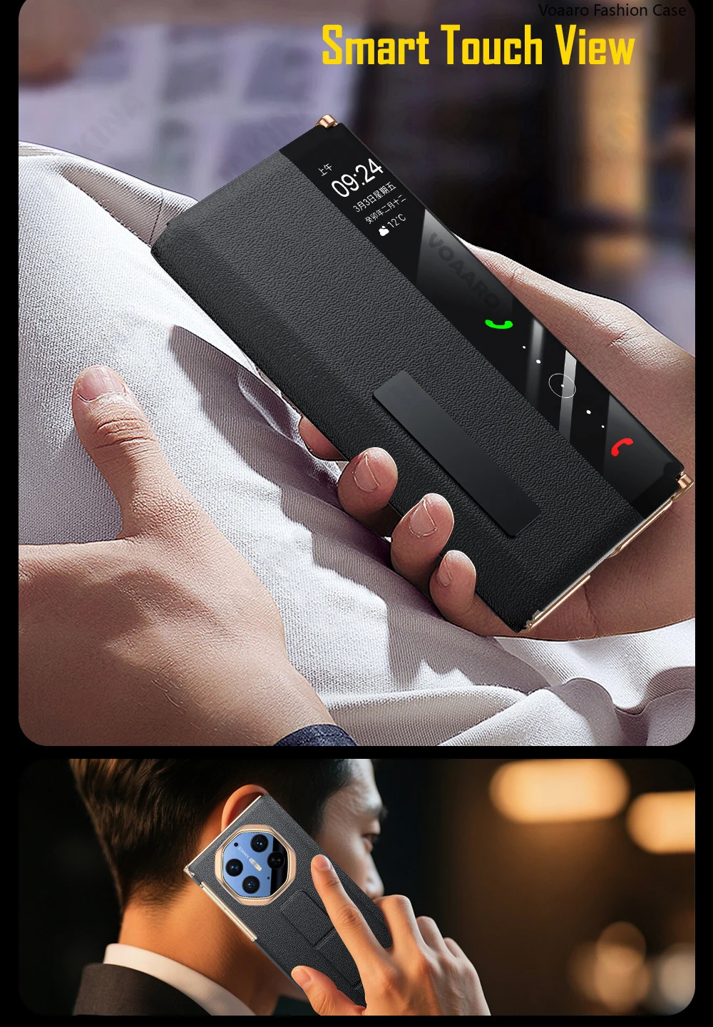 Genuine Leather Smart Touch Flip Case with Adjustable Wristband and Kickstand