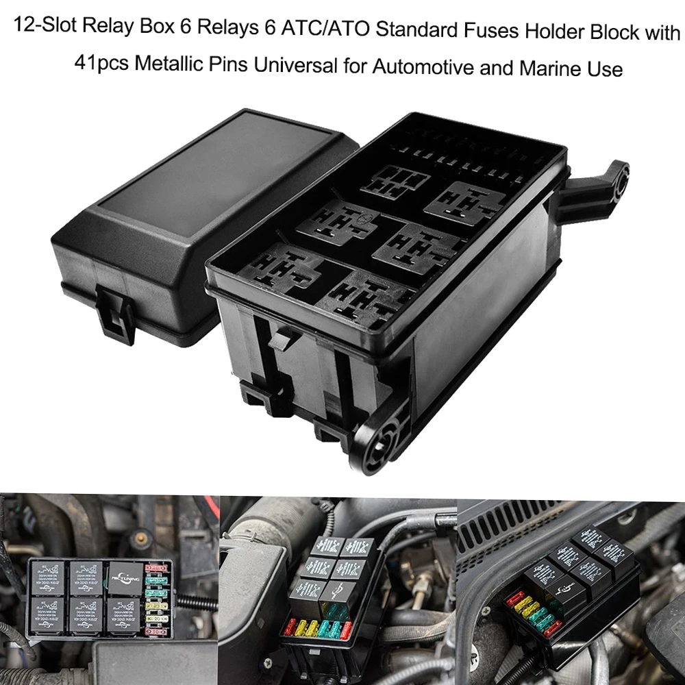12-Slot Relay Box 6 Relays 6 ATC/ATO Standard Fuses Holder Block with 41pcs Metallic Pins Universal for Automotive Marine Use