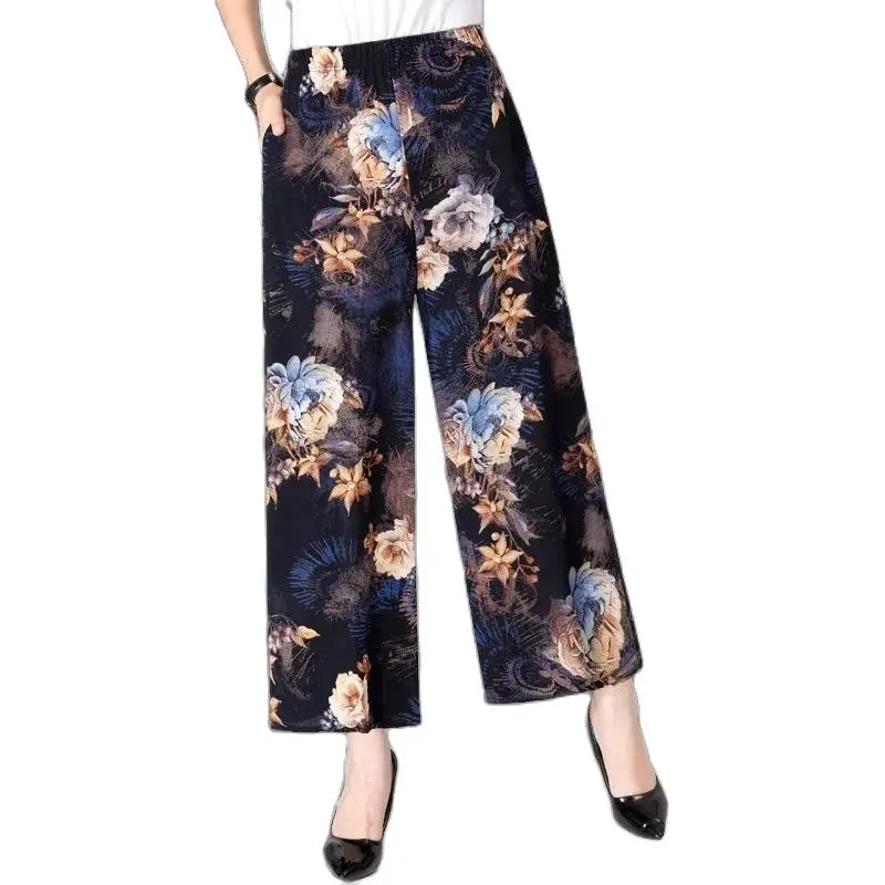 

Elastic Waist Middle-Aged Mother Summer Thin Printing Wide Leg Nine Points Culottes New 2022 Loose Ice Silk Women Pants