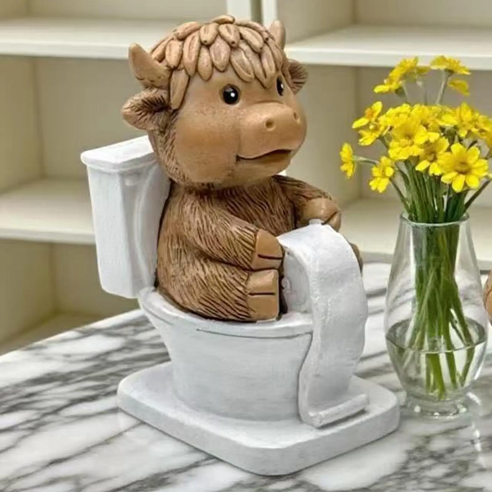 Creative Highland Cow Figurine Realistic Resin Cattle Statue Highland Cow Decor for Bedroom Nursery Kitchen Office Desk Garden