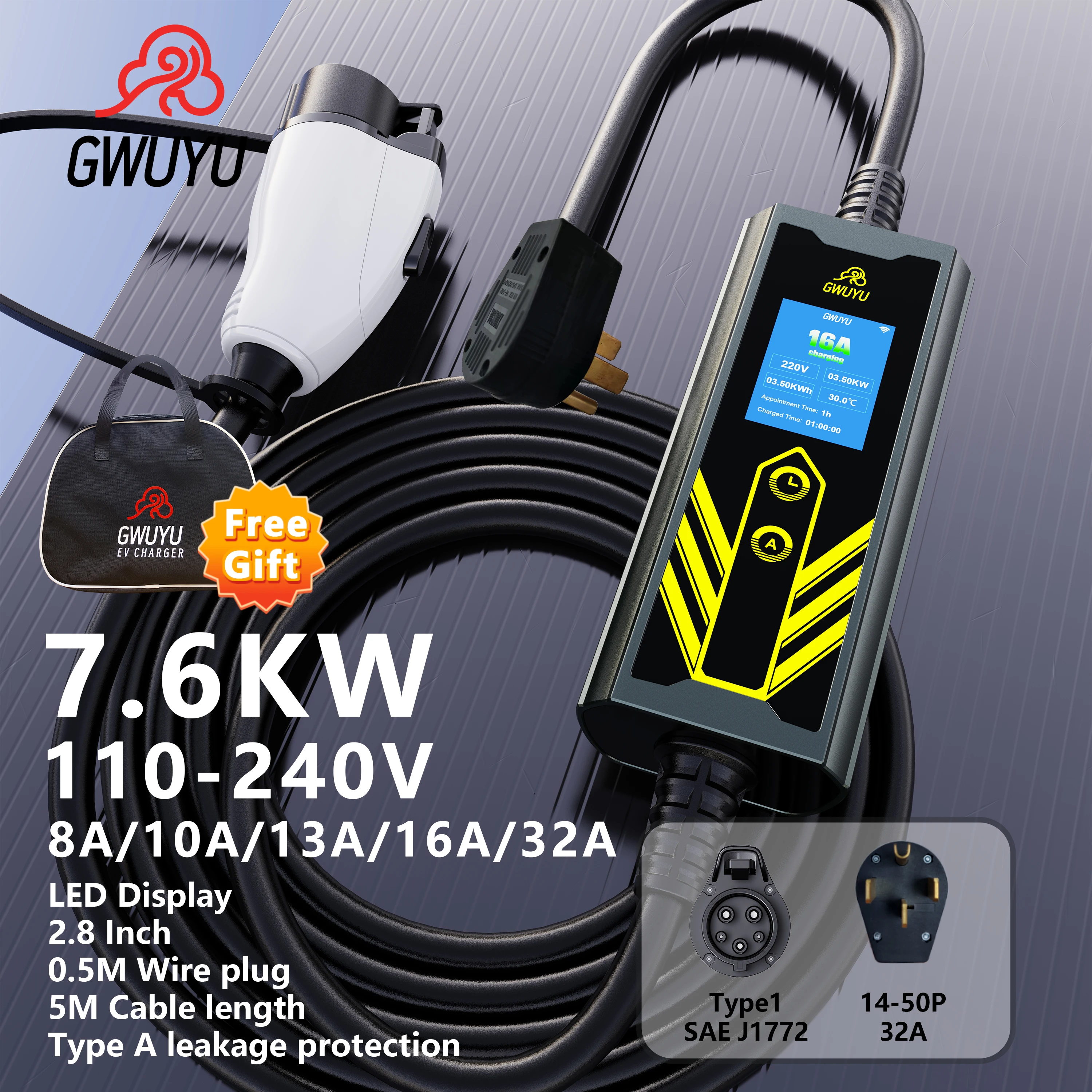 

Portable Electric Vehicle Charger GWUYU M66-1 7.6KW Adjustable 8A 10A 13A 16A 32A 5m Cable for J1772 Type 1 Electric Car Charger
