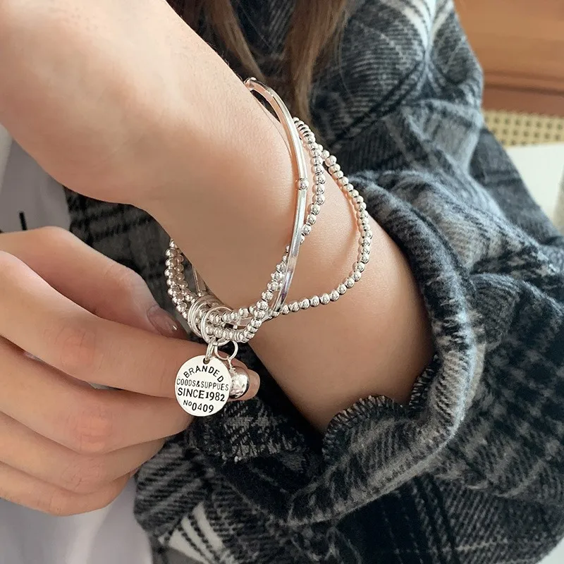 Silver Color Triple Layers Stacked Round Pendant Bracelet for Women Fashion Beads Ball Charm Chain Girls Party Jewelry Present
