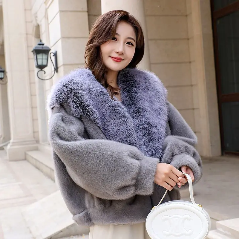 2023 Winter New Women Artificial Mink Hair Fur Coat Loose V-neck Thick Warm Short Outwear Female Retro Patchwork Casual Outcoat