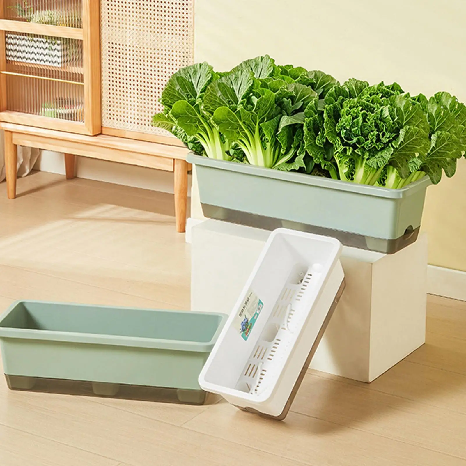 Self-Watering Rectangular Planter with Drainage and Absorbent Rope for Vegetables and Flowers