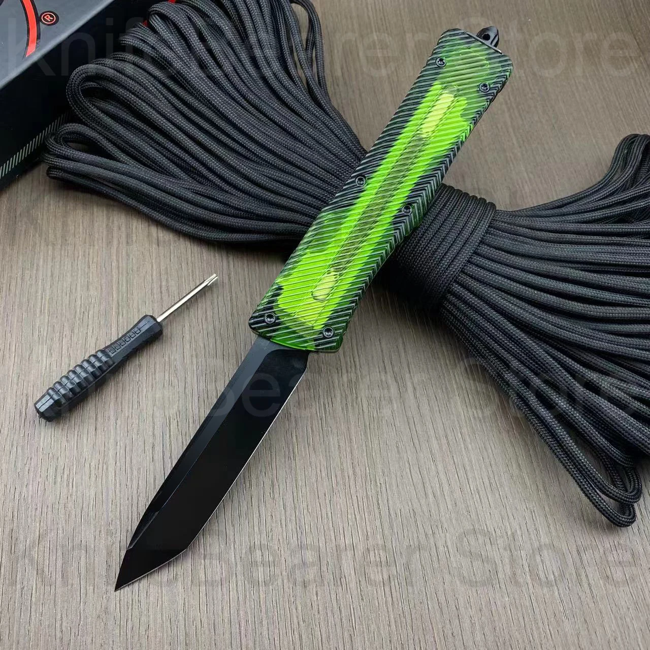 

Micro OTF Tech Knife Combat Troo Series D2 Steel Green Transparent Aluminum Alloy and Ultem Handle Self Defense Pocket Knife