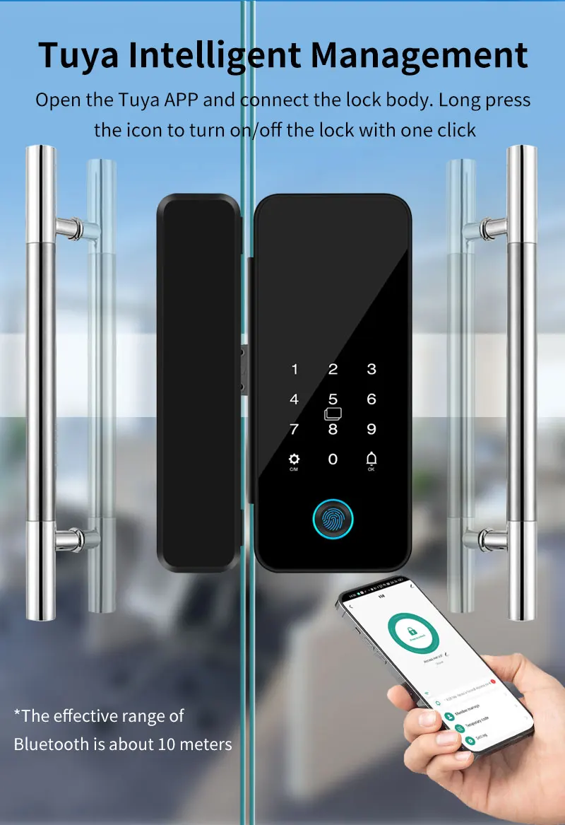 Tuya Bluetooth Biometric Glass Door Smart Lock Fingerprint Password Card Electro