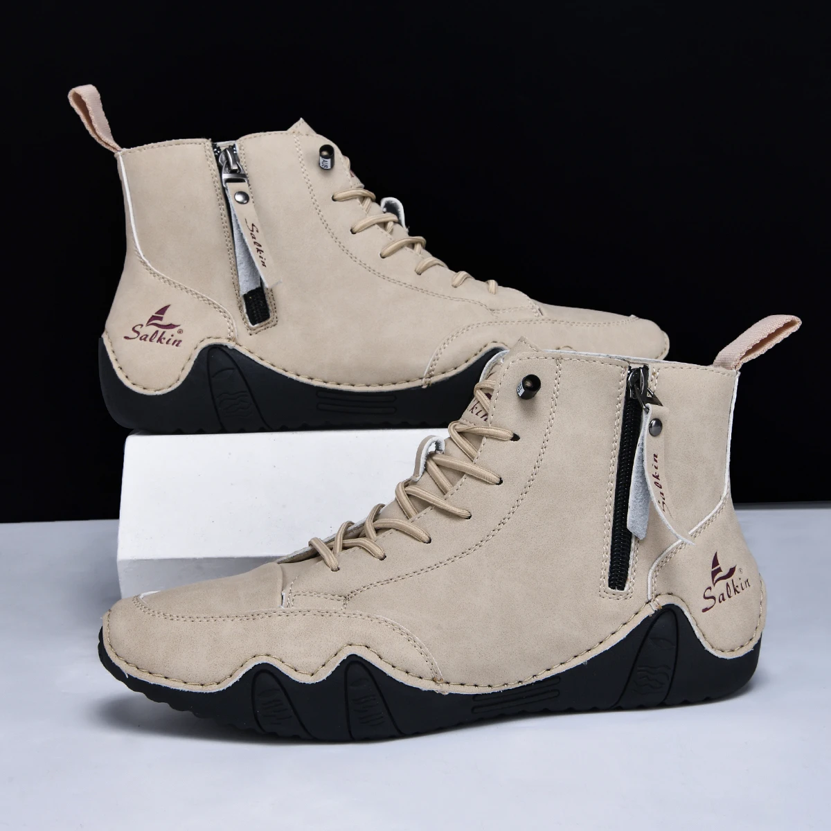 Handgenähte Vintage-Stiefel für Herren, modische einfarbige High-Top-Freizeitschuhe mit seitlichem Reißverschluss, Alltagskleidung für Frühling und Herbst, nackte Stiefel, Outdoor-Wandersneaker – Detail 19
