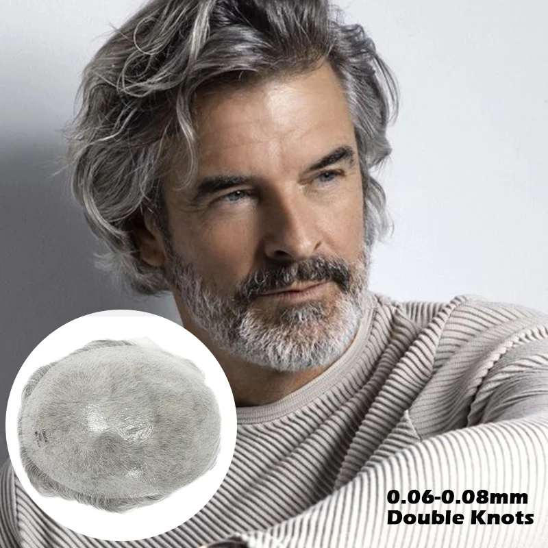 Parrucchino da Uomo con Doppi Nodi, Sistema di Sostituzione Capelli Umani con Base Sottile 0.06-0.08mm, Protesi Capillare Durevole