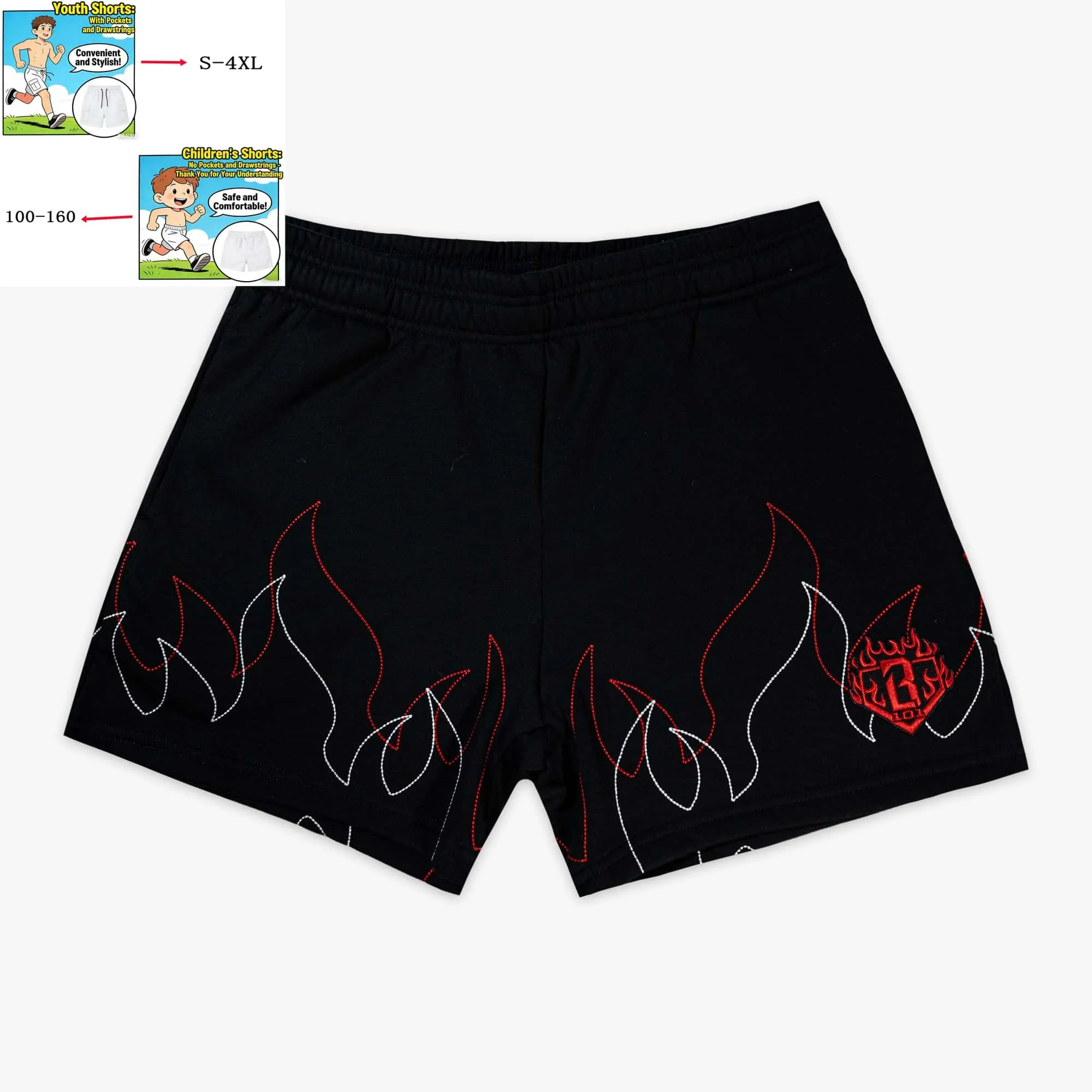 2026 Youth Flame Print Summer Baseball 101 남성 캐주얼, 러닝, 피트니스, 아동용 성인 통기성 농구 반바지 대형