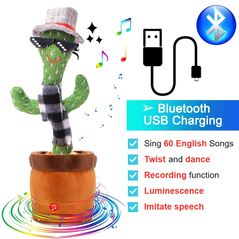 Bluetooth Dancing Cactus Repeat What You Said Usb Charging Voice Record Toy Speaker Talking Plushie Stuffed Toys for Kids Gift 