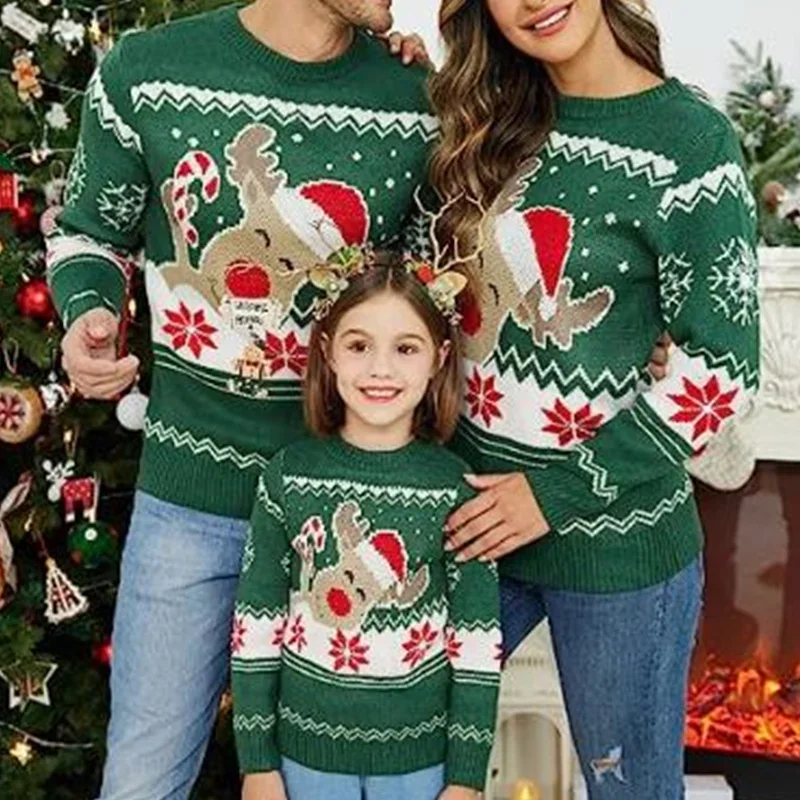thumbnail image 4 of Suéter navideño a juego para familia, adultos y niños, estampado de alce de dibujos animados, cuello redondo, manga larga, tops de invierno, ropa de calle, 4 of 5