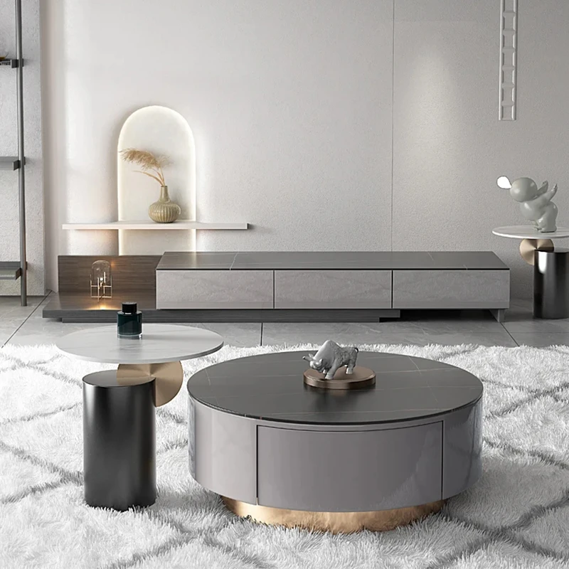 

Simple Modern Coffee Tables Small Apartment Round Marble TV Cabinet Combination Living Room Mesa Plegable Nordic Furniture