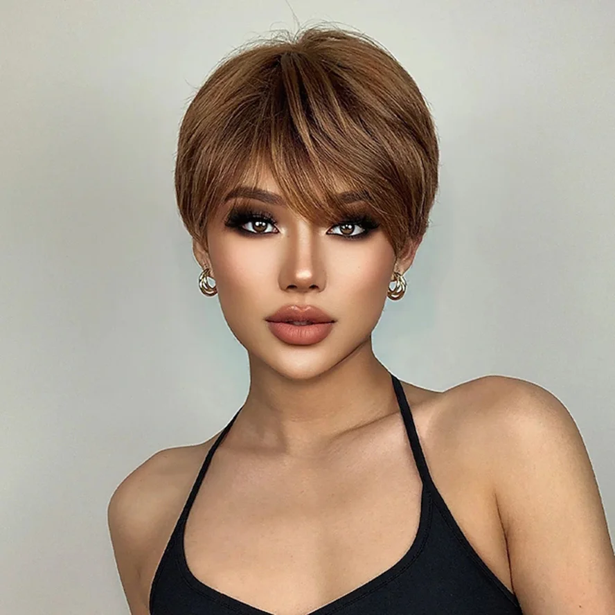 

Short Blonde Golden Costume Wigs with Pixie Cut Bang Bob Straight Natural Fake Hairs for Women Daily Heat Resistant Wigs