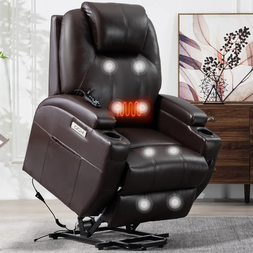 Recliner Lift Chair with Massage and Heating Function,Power Lift Recliner Chair with USB and Type-C Ports PU Leather Brown