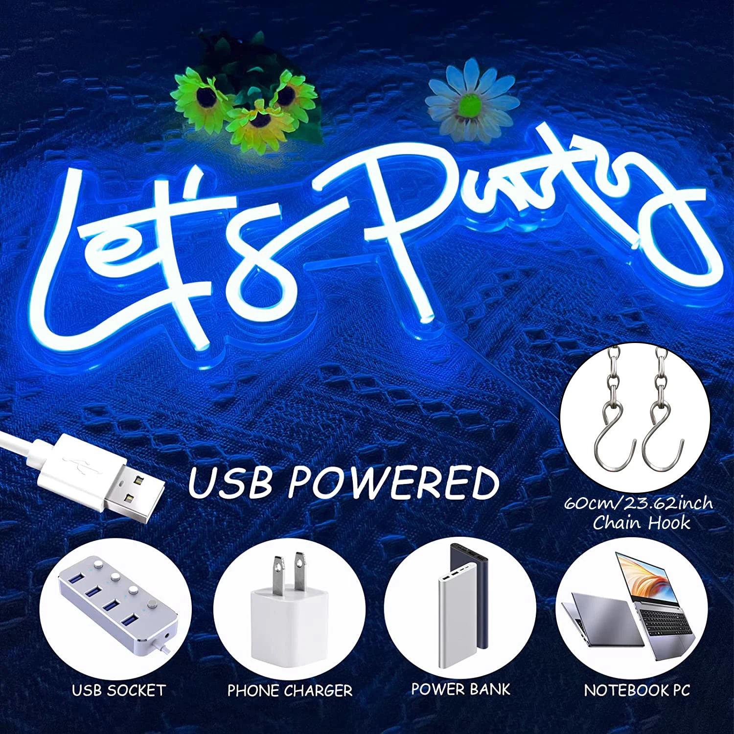 Lets Party LED 네온 사인 아트 벽 장식, USB, 온/오프 스위치, LED 네온 조명 사인, 파티 웨딩 네온 램프, 야간 조명, 룸