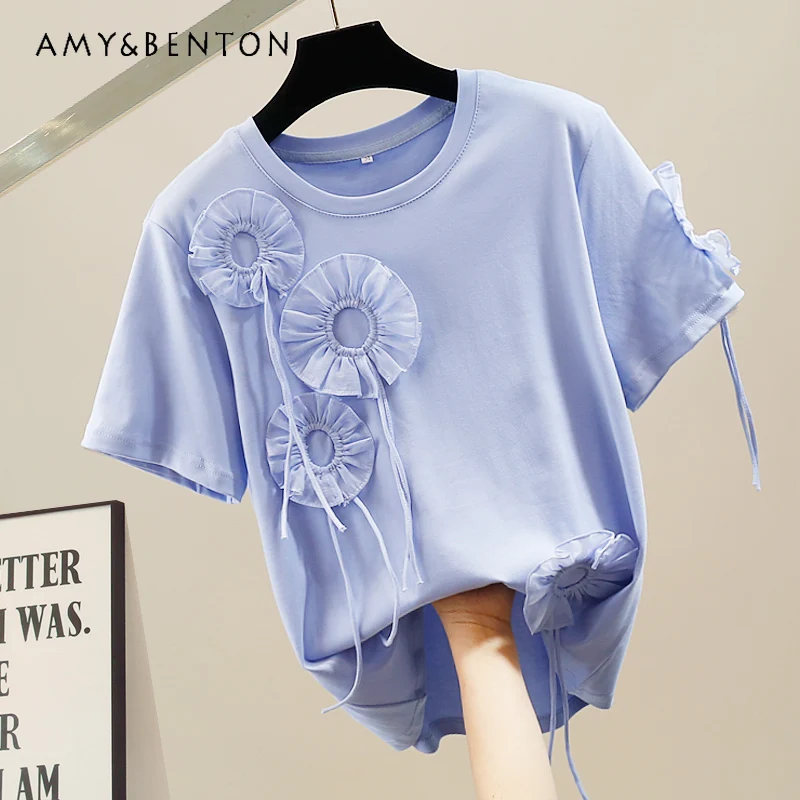 

Женская свободная футболка с коротким рукавом, Повседневная футболка с трехмерным цветочным принтом и кулиской, корейский элегантный топ на лето