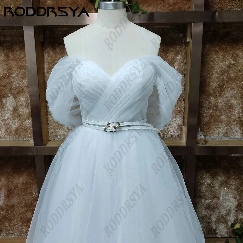 Roddrsya Bling Glitter Boho Brautkleider für Frauen schulter frei Schatz Netz Tüll Strand Tee Länge Brautkleider schnüren Bling Glittter Bohemian Stil Frauen mit offenen Schultern Hochzeit Kleid Sweetheaart Netzwerk Sc – Detail 3
