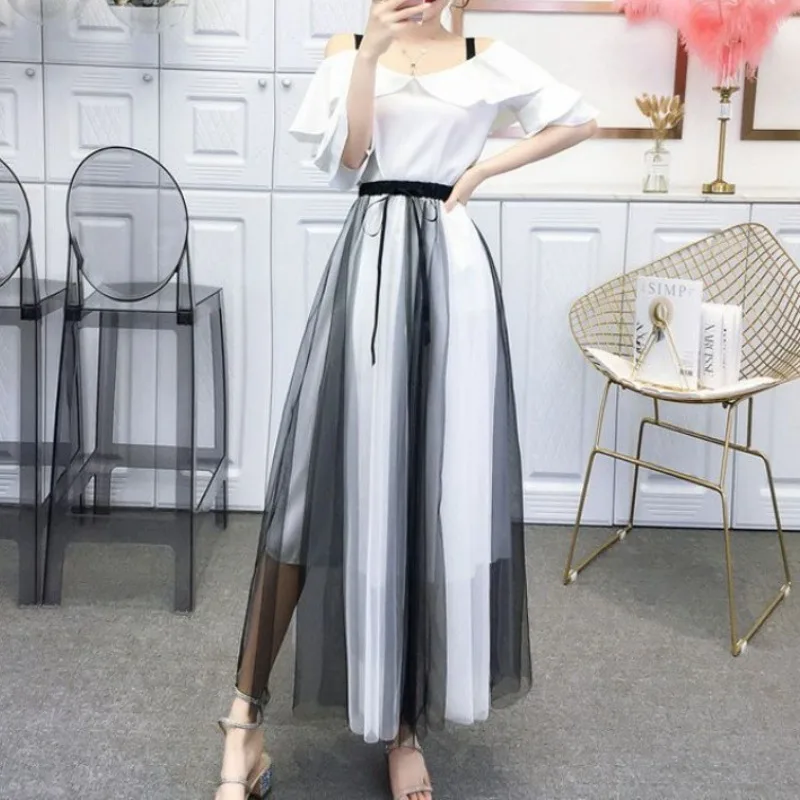 Spring and Summer Women's Pullover Hanger Strap Off Shoulder Lotus Leaf Edge Solid Half Sleeve Tops Mesh Drawstring Skirt Set solid edge с синхронной технологией сd